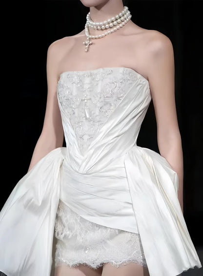 Opulent Ivory Strapless Corset Short Bodycon Wedding Dress With Satin Draping & Lace Underlayer AE007
