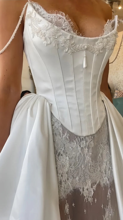 Opulent White Off-The-Shoulder Beaded Corset Mermaid Wedding Dress With Lace Underlayer And Satin Ball Gown Overlay AE008