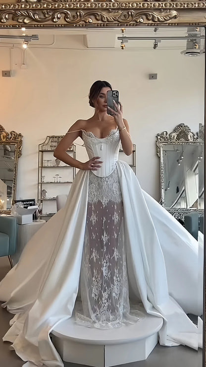 Opulent White Off-The-Shoulder Beaded Corset Mermaid Wedding Dress With Lace Underlayer And Satin Ball Gown Overlay AE008