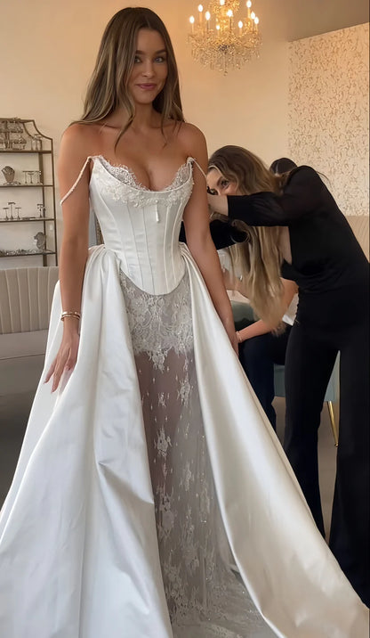Opulent White Off-The-Shoulder Beaded Corset Mermaid Wedding Dress With Lace Underlayer And Satin Ball Gown Overlay AE008