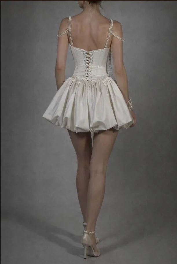 Opulent Ivory Square Neck Pearl Chain Straps Corset Short A Line Wedding Dress AE009