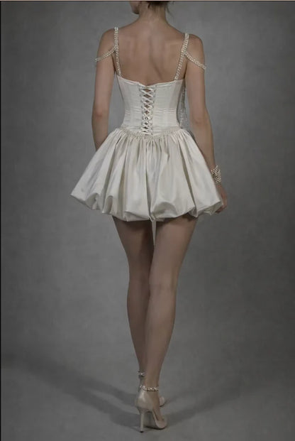 Opulent Ivory Square Neck Pearl Chain Straps Corset Short A Line Wedding Dress AE009