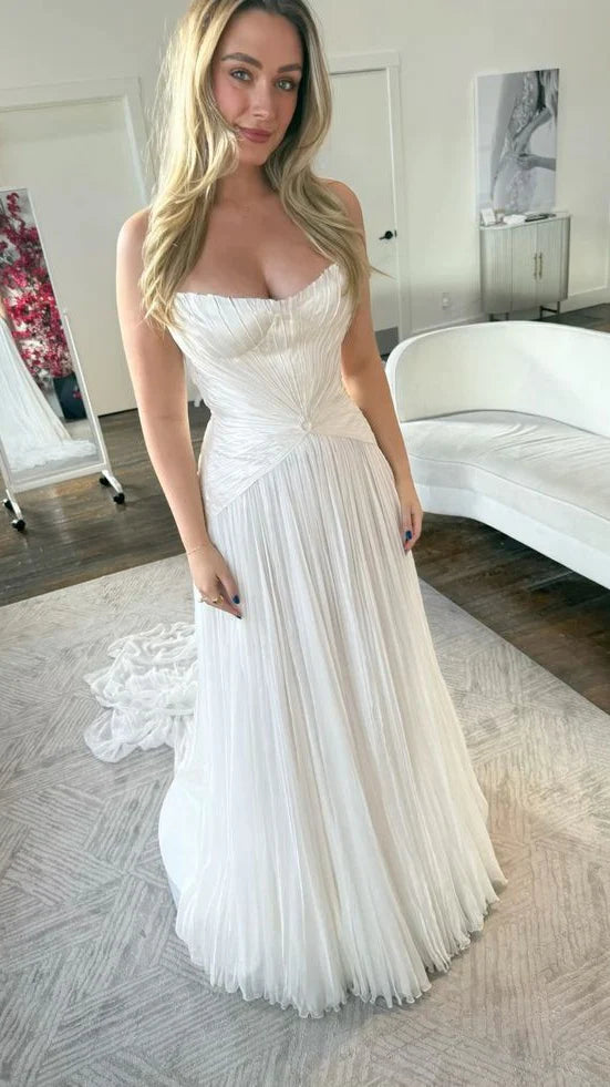 Elegant Ivory Strapless Pleated Corset A Line Long Wedding Dress AE010