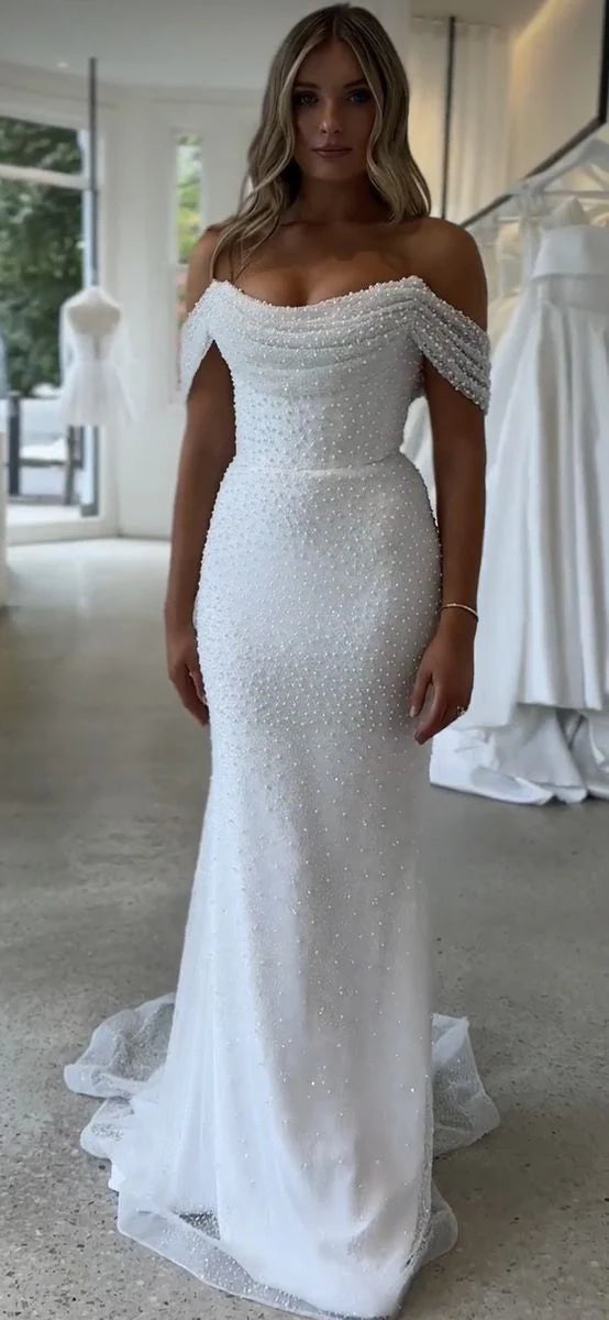 Opulent White Off-The-Shoulder Pearl Beaded Mermaid Long Wedding Dress AE011