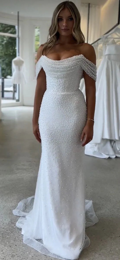 Opulent White Off-The-Shoulder Pearl Beaded Mermaid Long Wedding Dress AE011
