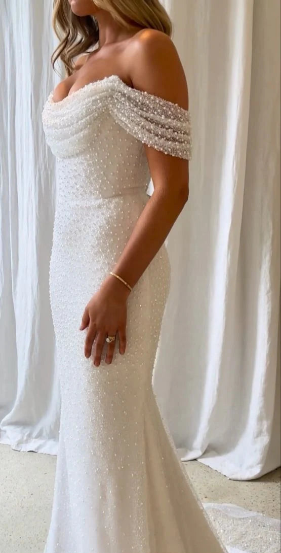Opulent White Off-The-Shoulder Pearl Beaded Mermaid Long Wedding Dress AE011