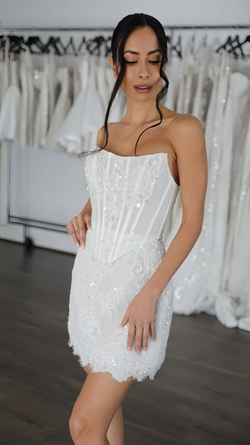 Opulent White Strapless Corset Bodycon Short Wedding Dress With Beaded Lace Applique Wedding Dress AE013