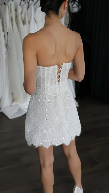 Opulent White Strapless Corset Bodycon Short Wedding Dress With Beaded Lace Applique Wedding Dress AE013