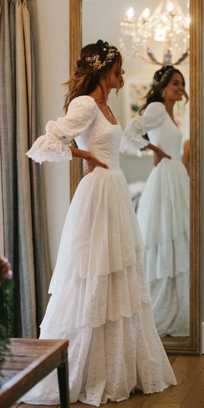 Vintage White Square Neck Eyelet Embroidered Long A Line Wedding Dress With Tiered Skirt & Puffed 3/4 Sleeves AE014