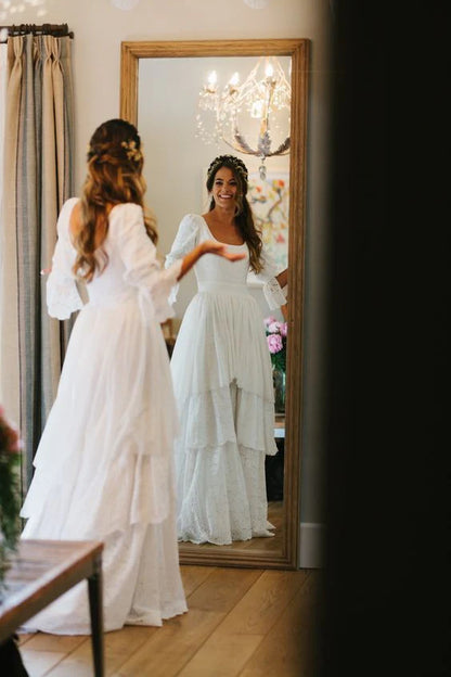 Vintage White Square Neck Eyelet Embroidered Long A Line Wedding Dress With Tiered Skirt & Puffed 3/4 Sleeves AE014