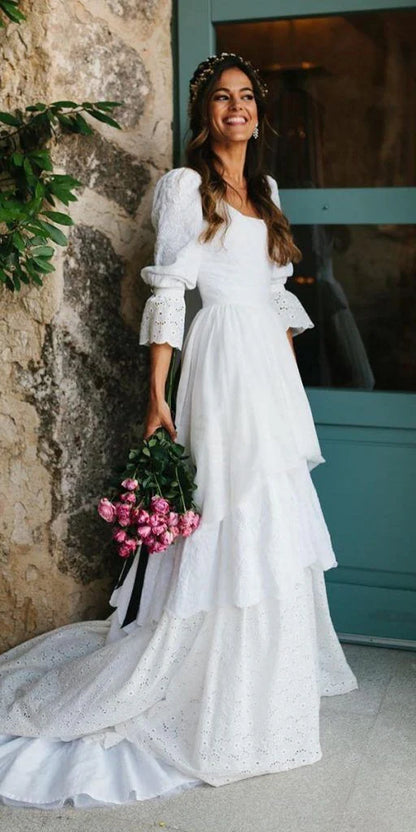 Vintage White Square Neck Eyelet Embroidered Long A Line Wedding Dress With Tiered Skirt & Puffed 3/4 Sleeves AE014
