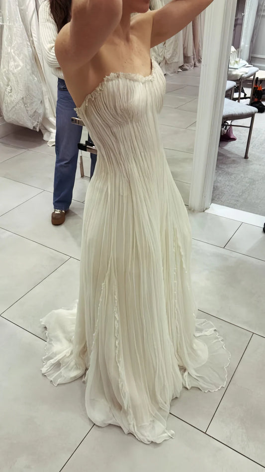 Elegant Ivory Strapless Pleated Long A Line Wedding Dress AE015