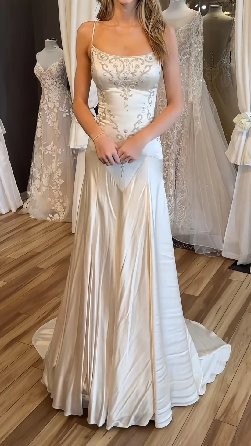 Vintage Ivory Satin Spaghetti Straps Mermaid Long Wedding Dress With Intricate Scroll Embroidery AE016