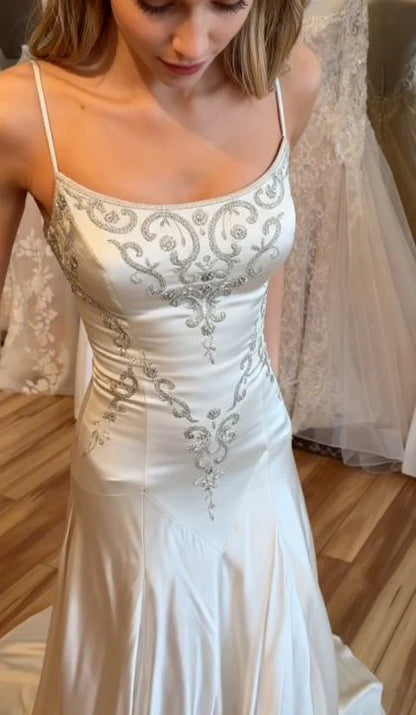 Vintage Ivory Satin Spaghetti Straps Mermaid Long Wedding Dress With Intricate Scroll Embroidery AE016