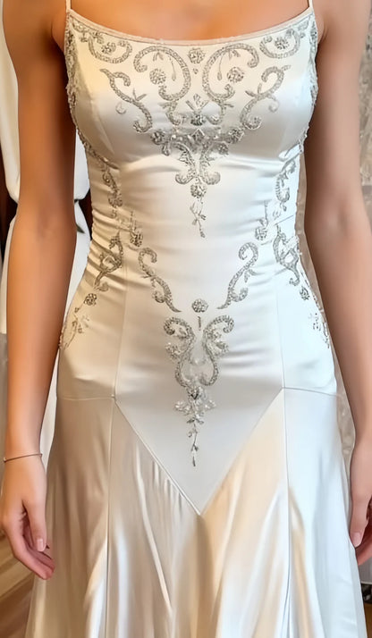 Vintage Ivory Satin Spaghetti Straps Mermaid Long Wedding Dress With Intricate Scroll Embroidery AE016