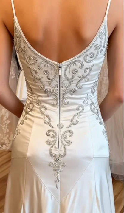 Vintage Ivory Satin Spaghetti Straps Mermaid Long Wedding Dress With Intricate Scroll Embroidery AE016