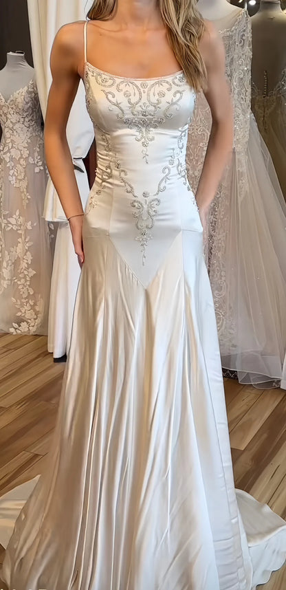 Vintage Ivory Satin Spaghetti Straps Mermaid Long Wedding Dress With Intricate Scroll Embroidery AE016