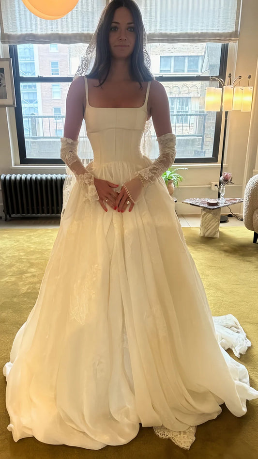 Vintage Ivory Square Neck Straps A-Line Sweep Train Wedding Dress AE017