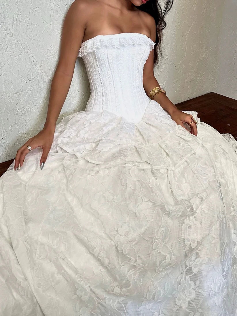 Romantic White Strapless Lace Corset A Line Wedding Dress With Tiered Skirt & Sweep Train AE019