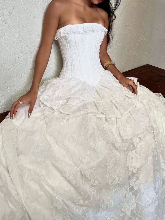 Romantic White Strapless Lace Corset A Line Wedding Dress With Tiered Skirt & Sweep Train AE019
