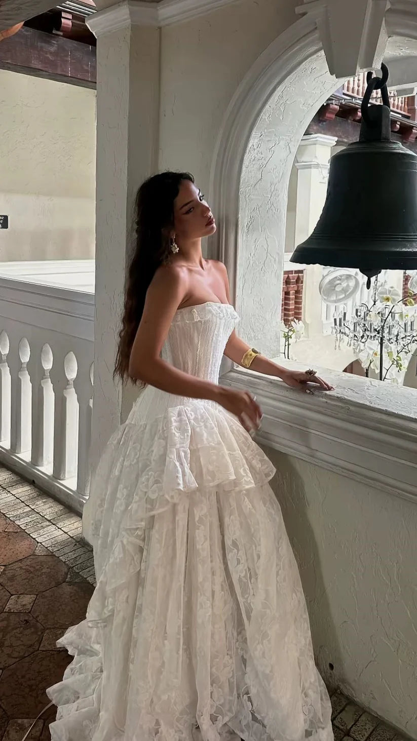 Romantic White Strapless Lace Corset A Line Wedding Dress With Tiered Skirt & Sweep Train AE019