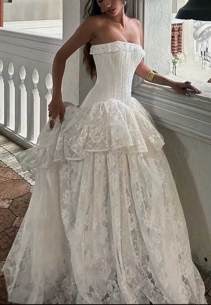Romantic White Strapless Lace Corset A Line Wedding Dress With Tiered Skirt & Sweep Train AE019