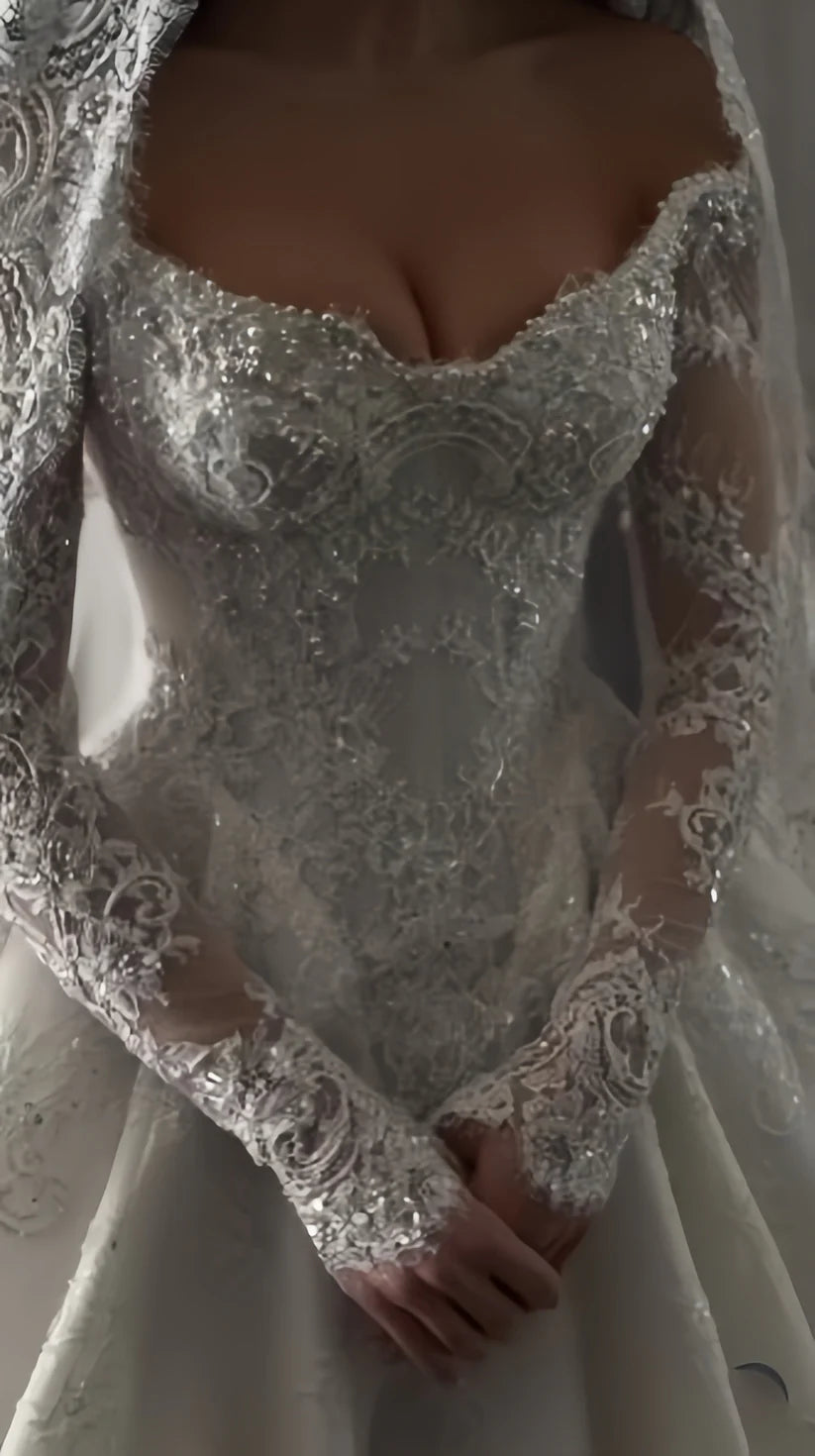 Opulent Ivory Off-The-Shoulder Beaded Lace A Line Wedding Dress With Long Lace Sleeves & Cathedral Train AE021