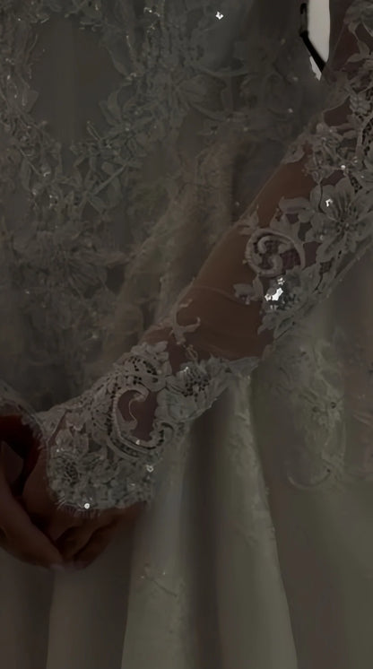Opulent Ivory Off-The-Shoulder Beaded Lace A Line Wedding Dress With Long Lace Sleeves & Cathedral Train AE021