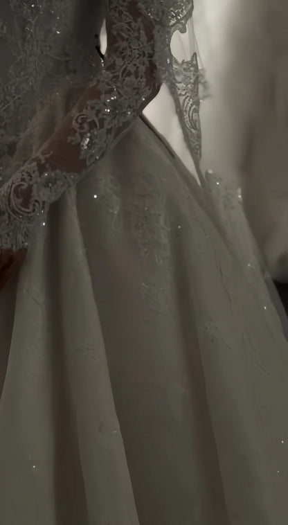 Opulent Ivory Off-The-Shoulder Beaded Lace A Line Wedding Dress With Long Lace Sleeves & Cathedral Train AE021