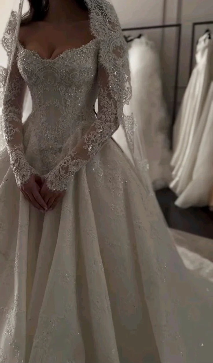 Opulent Ivory Off-The-Shoulder Beaded Lace A Line Wedding Dress With Long Lace Sleeves & Cathedral Train AE021