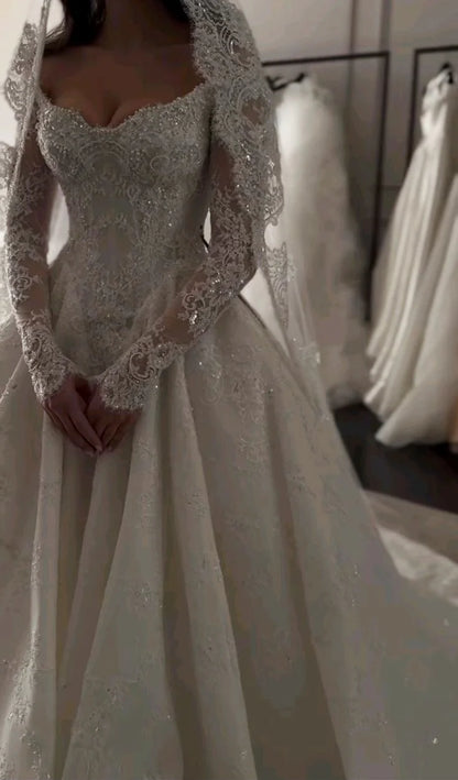 Opulent Ivory Off-The-Shoulder Beaded Lace A Line Wedding Dress With Long Lace Sleeves & Cathedral Train AE021