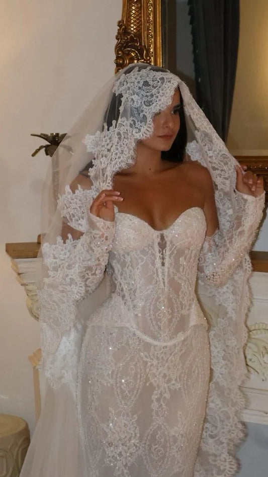 Opulent Ivory Sweetheart Neck Lace Two Pieces Mermaid Wedding Dress With Detachable Sleeves & Chapel Train AE022