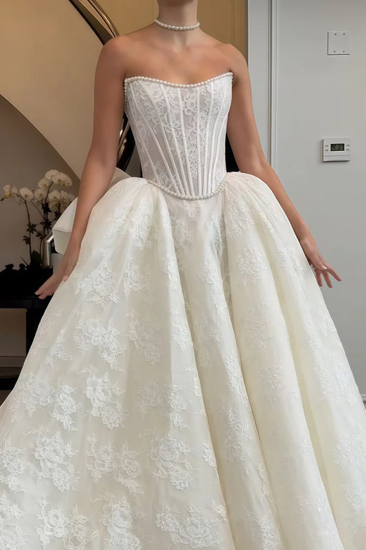 Elegant White Strapless Lace Pearl Beaded A Line Long Wedding Dress With Oversize Back Bow AE024