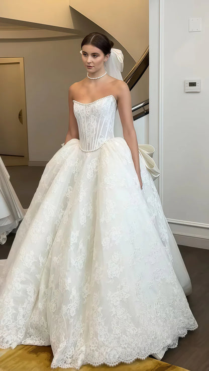 Elegant White Strapless Lace Pearl Beaded A Line Long Wedding Dress With Oversize Back Bow AE024