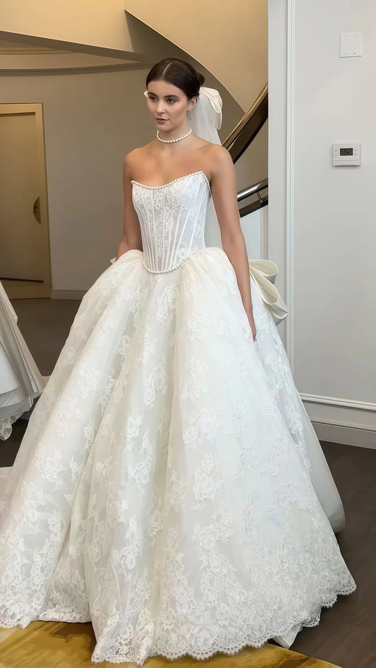 Elegant White Strapless Lace Pearl Beaded A Line Long Wedding Dress With Oversize Back Bow AE024