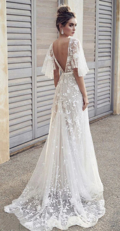 Romantic Ivory V Neck Short Sleeves Lace A-Line Long Wedding Dress With Lace Appliques AE026