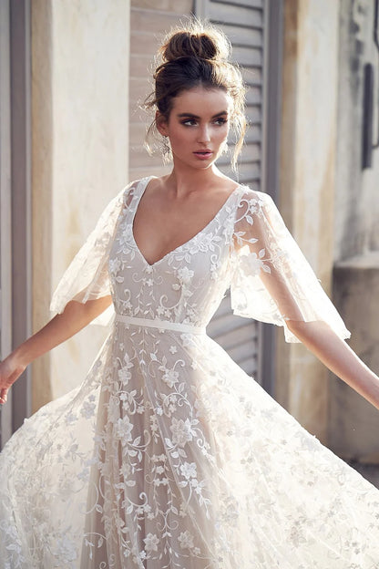 Romantic Ivory V Neck Short Sleeves Lace A-Line Long Wedding Dress With Lace Appliques AE026