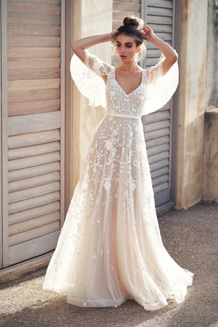 Romantic Ivory V Neck Short Sleeves Lace A-Line Long Wedding Dress With Lace Appliques AE026