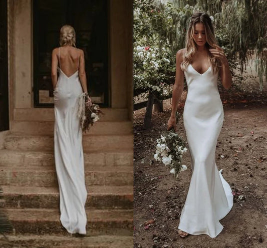 Chic White Deep V-Neck Spaghetti Straps Backless Satin Mermaid Wedding Dress With Sweep Train AE027