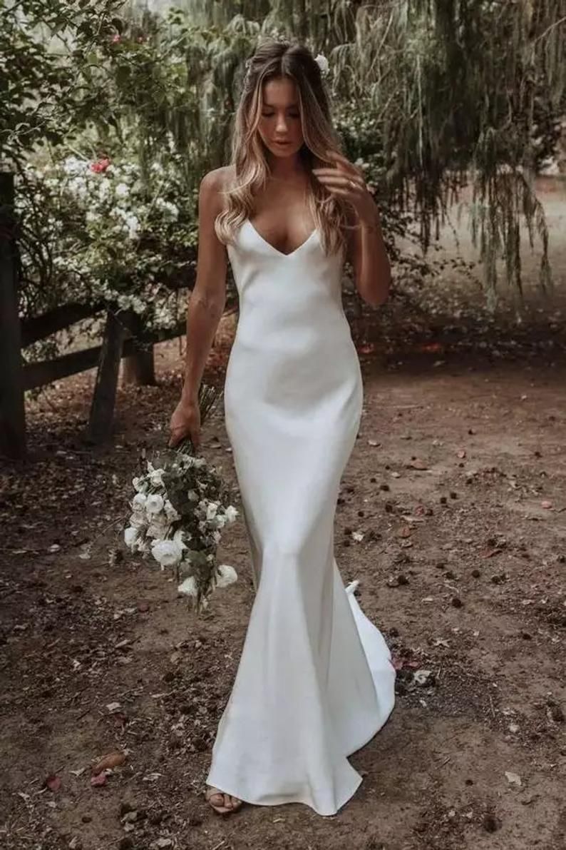 Chic White Deep V-Neck Spaghetti Straps Backless Satin Mermaid Wedding Dress With Sweep Train AE027