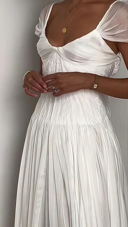 Ethereal White Pleated Chiffon V-Neck Cap Sleeves A-Line Wedding Dress With Chapel Train AE028
