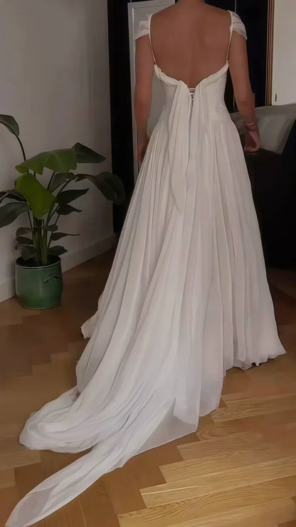 Ethereal White Pleated Chiffon V-Neck Cap Sleeves A-Line Wedding Dress With Chapel Train AE028