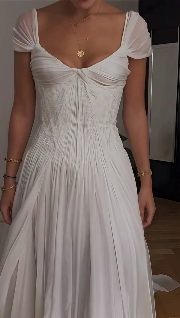 Ethereal White Pleated Chiffon V-Neck Cap Sleeves A-Line Wedding Dress With Chapel Train AE028