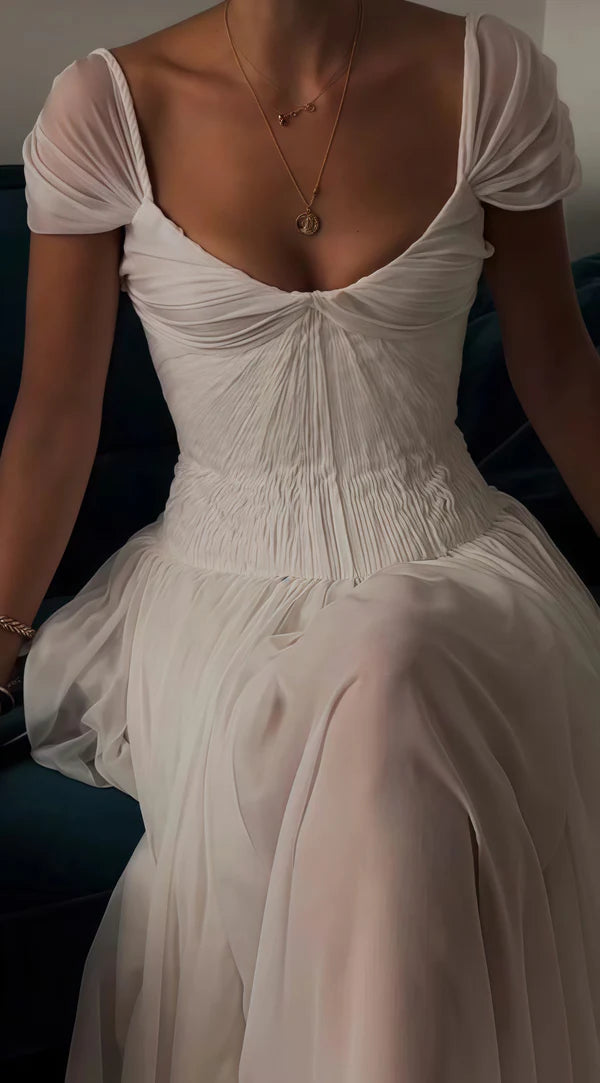 Ethereal White Pleated Chiffon V-Neck Cap Sleeves A-Line Wedding Dress With Chapel Train AE028