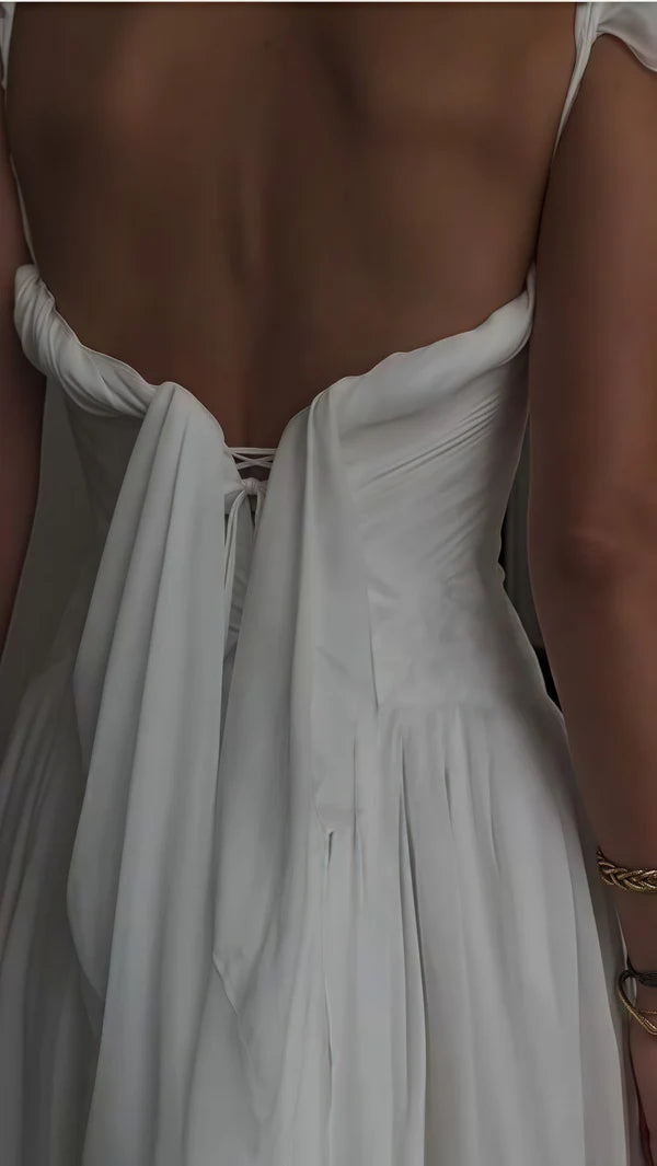 Ethereal White Pleated Chiffon V-Neck Cap Sleeves A-Line Wedding Dress With Chapel Train AE028