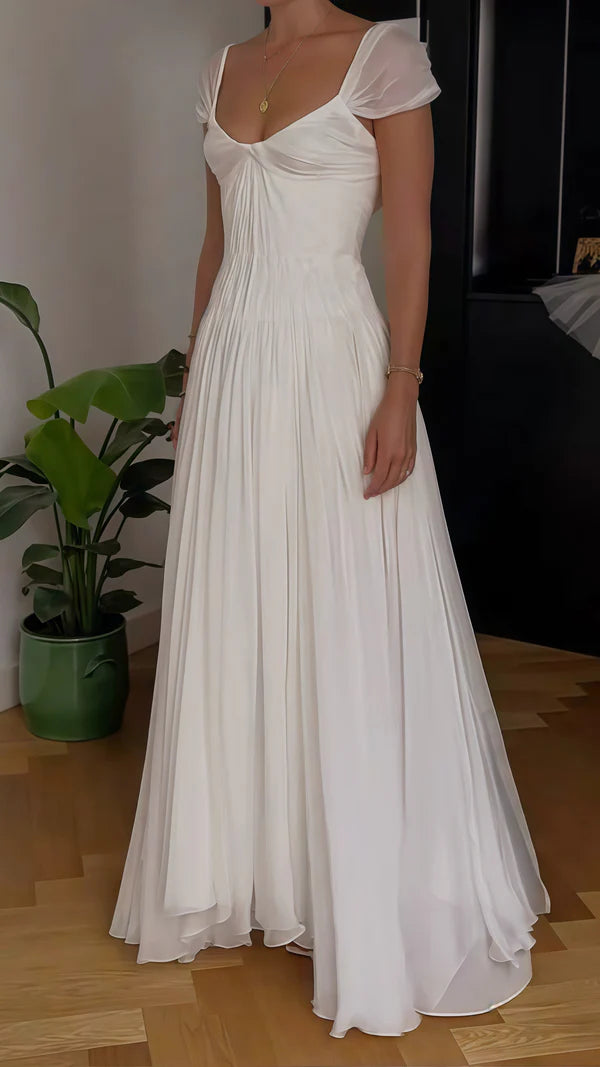 Ethereal White Pleated Chiffon V-Neck Cap Sleeves A-Line Wedding Dress With Chapel Train AE028