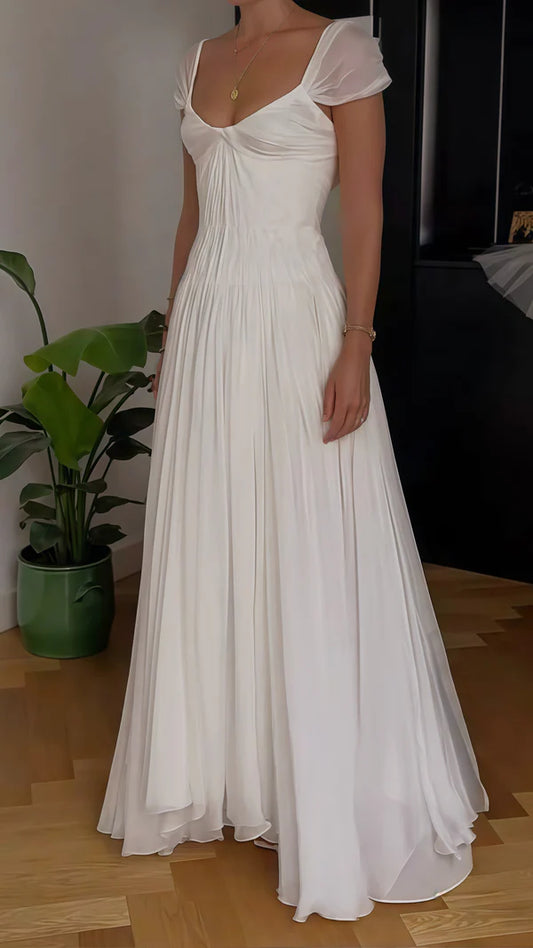 Ethereal White Pleated Chiffon V-Neck Cap Sleeves A-Line Wedding Dress With Chapel Train AE028