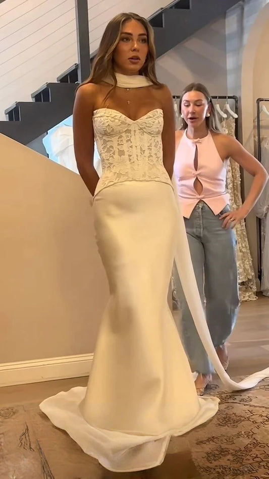 Elegant Ivory Sweetheart Neck Lace Corset Bodice Mermaid Wedding Dress With Chapel Train AE031