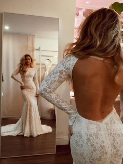 Sexy White Bateau Neck Open Back Mermaid Lace Long Sleeves Wedding Dresses With Cathedral Train AE032