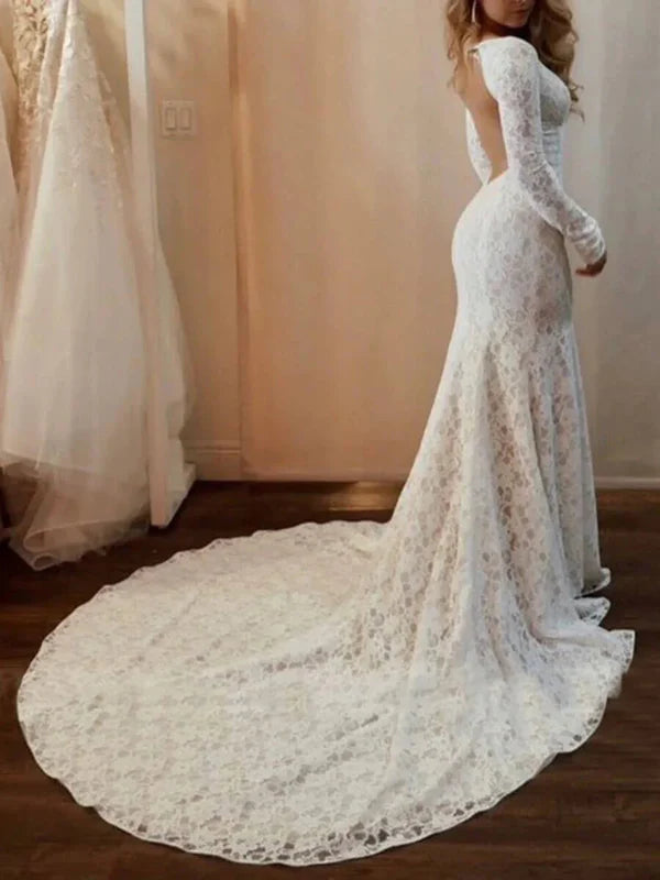 Sexy White Bateau Neck Open Back Mermaid Lace Long Sleeves Wedding Dresses With Cathedral Train AE032